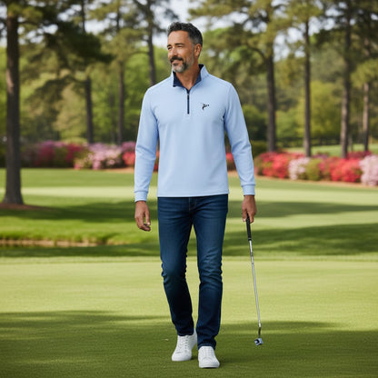 Par Adjacent men's misty blue 1/4 zip pullover with dark blue collar and Par Adjacent logo on chest. Lightweight, breathable, and stretchy fabric.